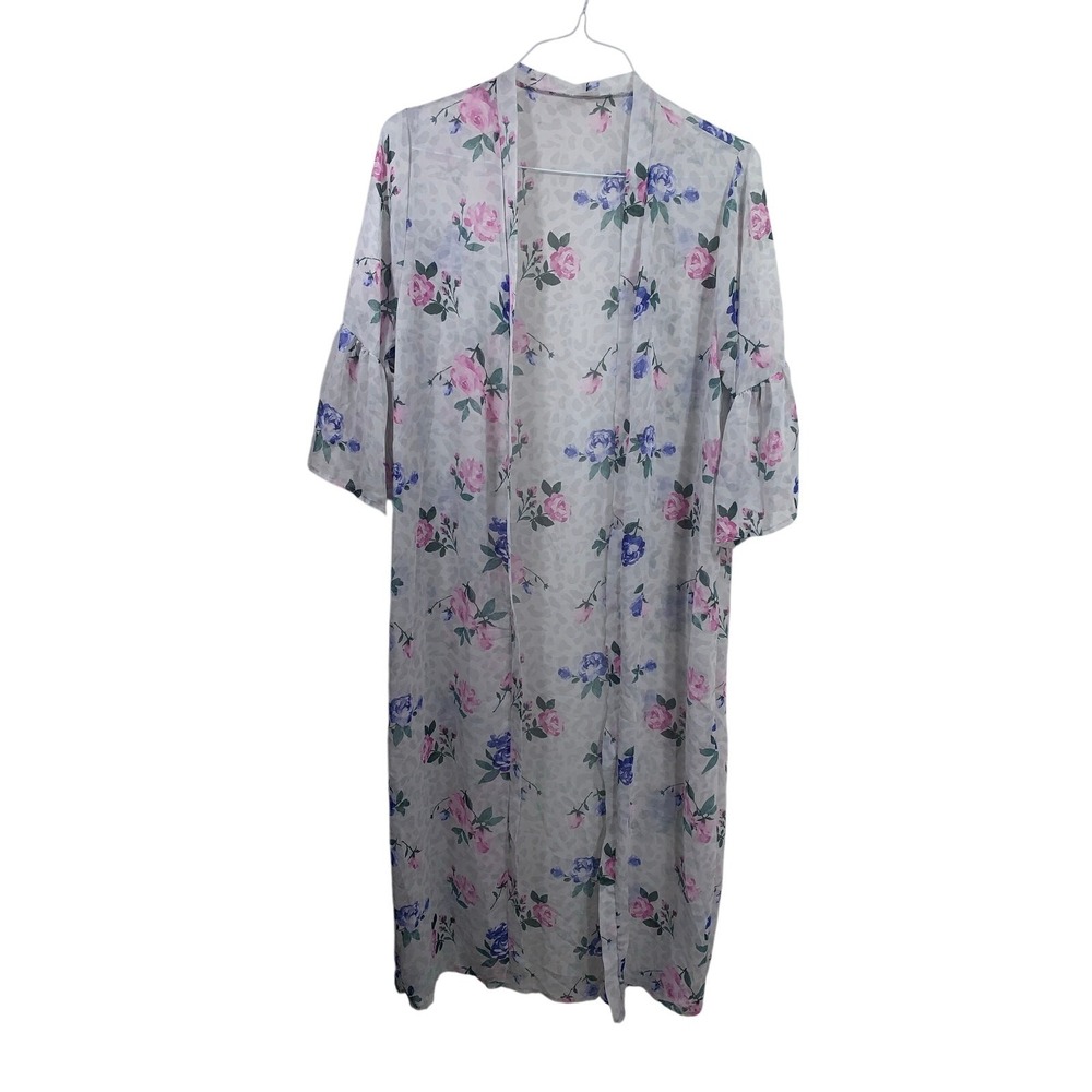 The ZigZag Stripe Duster Cardigan‎ Women Medium White Floral Leopard Bell Sleeve